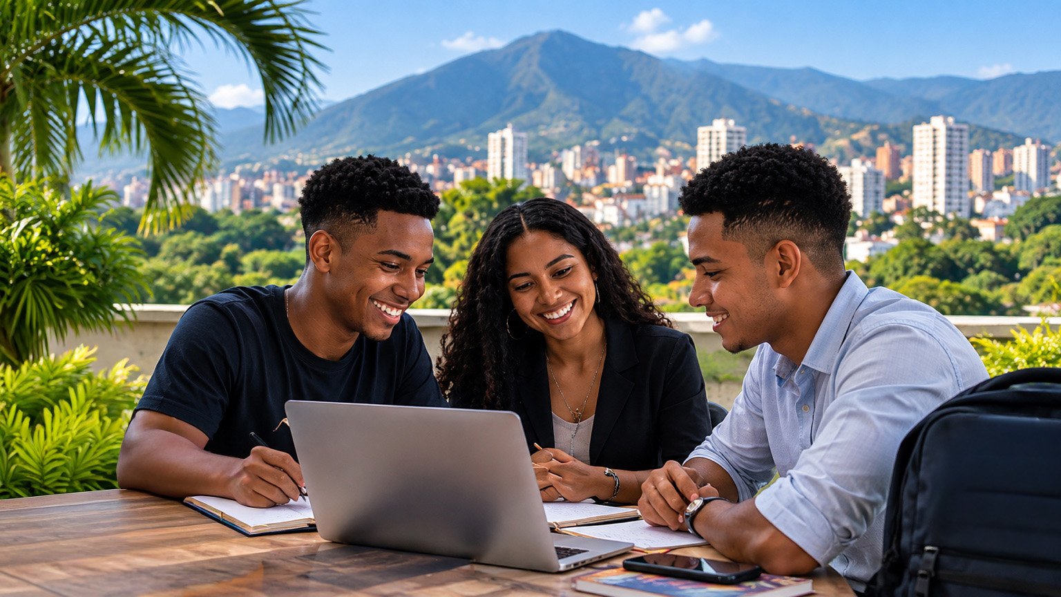 Jóvenes trabajando colaborativamente frente a una laptop en Cali